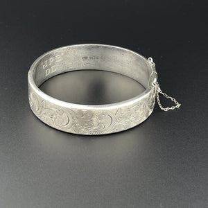 Vintage Floral Engraved Silver Bangle Cuff Bracelet - Boylerpf