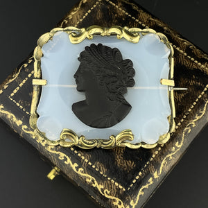 Antique Victorian Black Porcelain Cameo Chalcedony Brooch - Boylerpf
