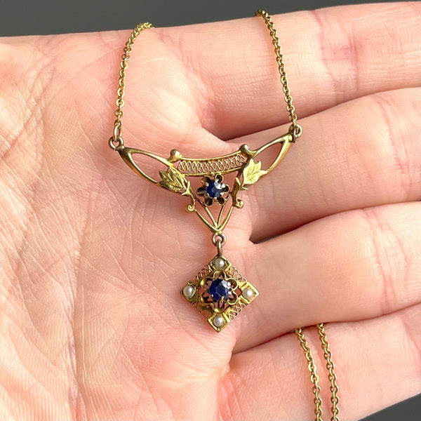 Vintage 10K Gold Blue Sapphire Lavaliere Pendant Necklace - Boylerpf