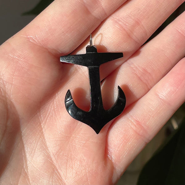 Antique Victorian Carved Whitby Jet Anchor Pendant - Boylerpf