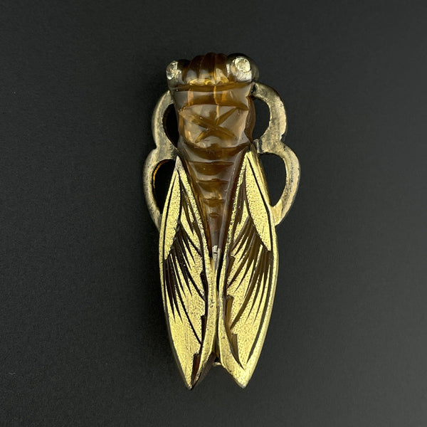 Vintage Art Deco Carved Horn Cicada Bug Brooch - Boylerpf