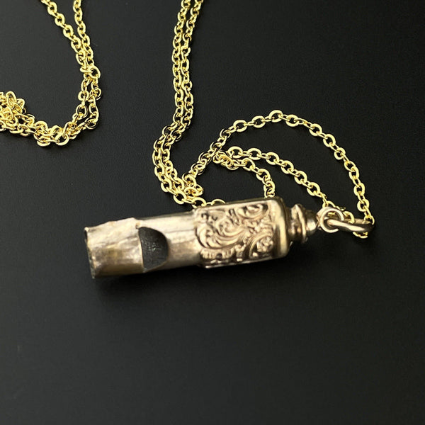 Antique Rolled Gold Engraved Whistle Charm Pendant Necklace - Boylerpf