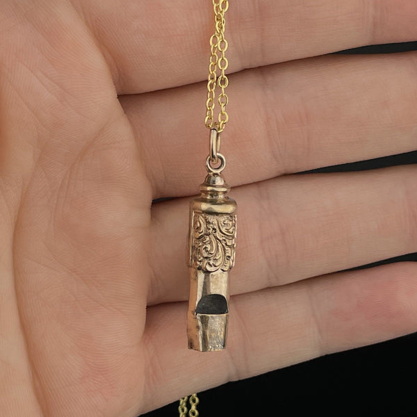 Antique Rolled Gold Engraved Whistle Charm Pendant Necklace - Boylerpf