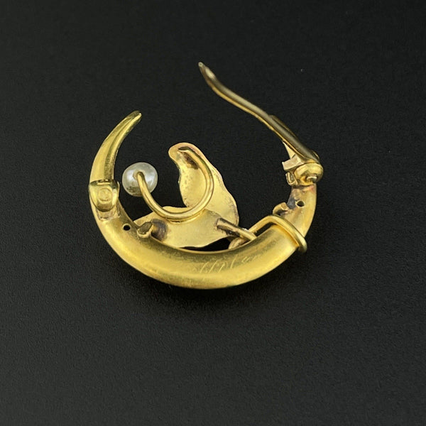 Art Nouveau 14K Gold Crescent Moon Pearl Enamel Brooch - Boylerpf