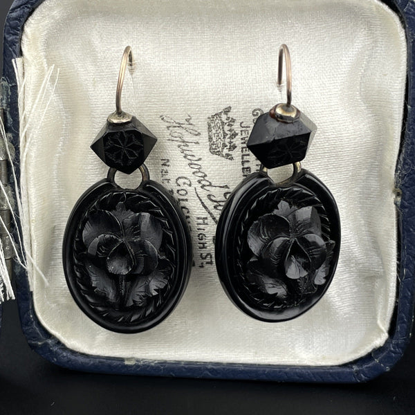 Antique Victorian Carved Whitby Jet Floral Drop Earrings - Boylerpf