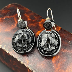 Antique Victorian Carved Whitby Jet Floral Drop Earrings - Boylerpf