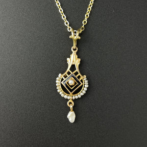 14K Gold Victorian Seed Pearl Enamel Pendant Necklace - Boylerpf