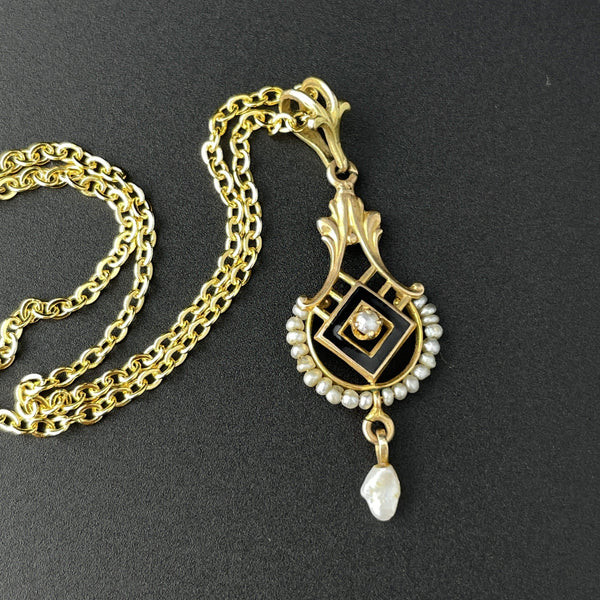 14K Gold Victorian Seed Pearl Enamel Pendant Necklace - Boylerpf