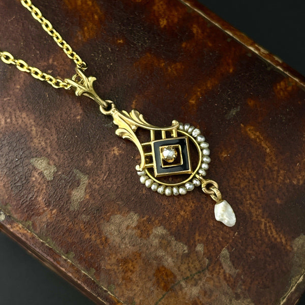 14K Gold Victorian Seed Pearl Enamel Pendant Necklace - Boylerpf