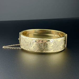 Vintage Floral Engraved Rolled Gold Cuff Bangle Bracelet - Boylerpf