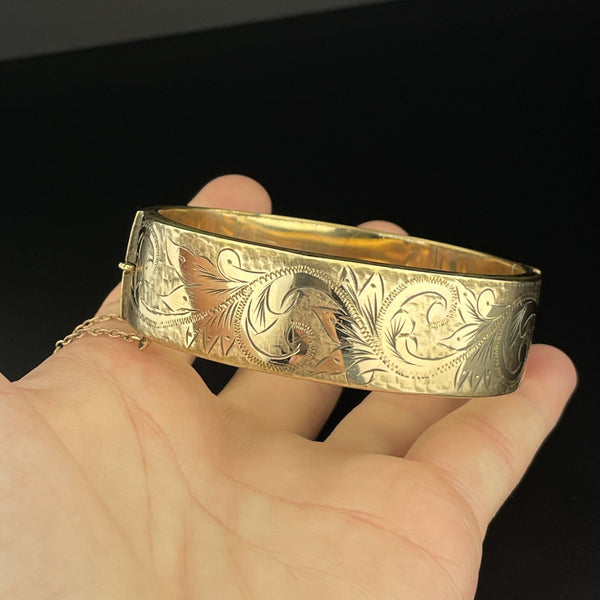Vintage Floral Engraved Rolled Gold Cuff Bangle Bracelet - Boylerpf