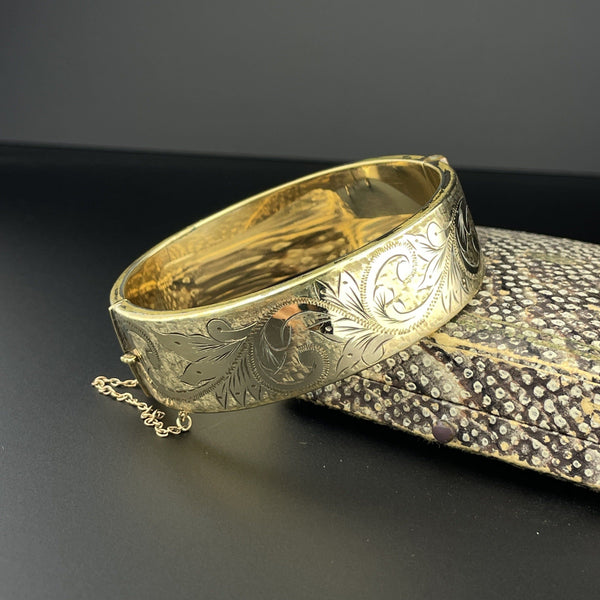 Vintage Floral Engraved Rolled Gold Cuff Bangle Bracelet - Boylerpf