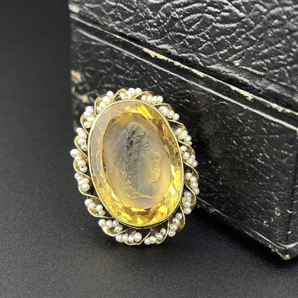 Antique Cameo Citrine Seed Pearl 14K Gold Brooch - Boylerpf