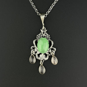 Vintage Silver Floral Jade Rose Quartz Pendant Necklace - Boylerpf