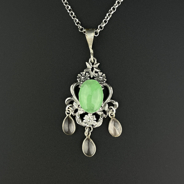 Vintage Silver Floral Jade Rose Quartz Pendant Necklace - Boylerpf