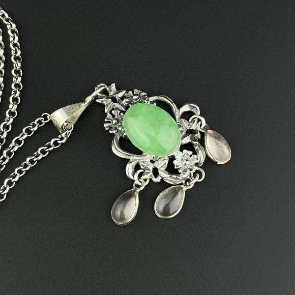 Vintage Silver Floral Jade Rose Quartz Pendant Necklace - Boylerpf