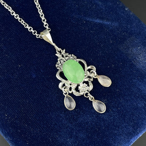 Vintage Silver Floral Jade Rose Quartz Pendant Necklace - Boylerpf