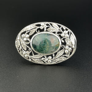 Vintage Arts and Crafts Silver Grapevine Moss Agate Brooch - Boylerpf