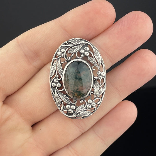 Vintage Arts and Crafts Silver Grapevine Moss Agate Brooch - Boylerpf