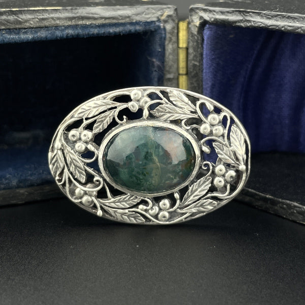 Vintage Arts and Crafts Silver Grapevine Moss Agate Brooch - Boylerpf