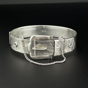 Vintage Engraved Sterling Silver Victorian Revival Buckle Bangle Bracelet - Boylerpf