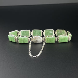 Vintage Art Deco Silver Green Agate Stone Link Bracelet - Boylerpf