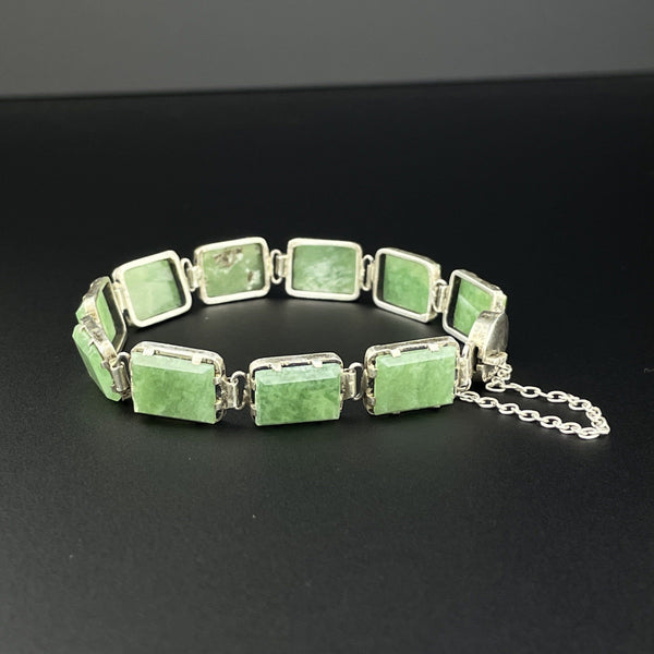 Vintage Art Deco Silver Green Agate Stone Link Bracelet - Boylerpf