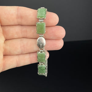 Vintage Art Deco Silver Green Agate Stone Link Bracelet - Boylerpf