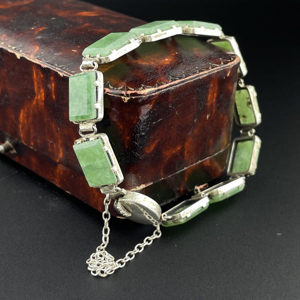 Vintage Art Deco Silver Green Agate Stone Link Bracelet - Boylerpf