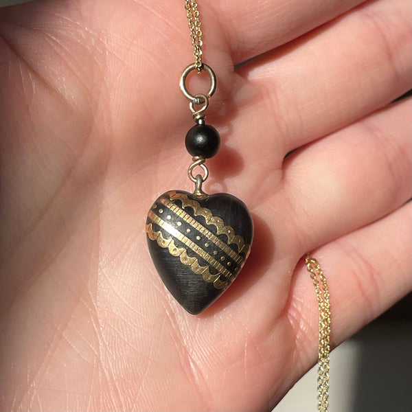 Antique Victorian Gold Pique Heart Pendant Necklace - Boylerpf