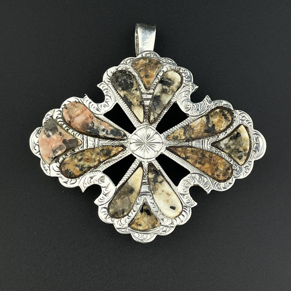 Antique Large Silver Scottish Agate Aberdeen Granite Brooch Pendant - Boylerpf