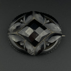 Vintage Victorian Mourning Carved Whitby Jet Large Brooch Pin - Boylerpf
