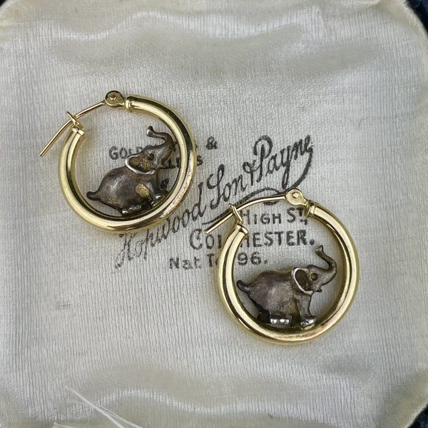 Vintage 14K Gold Huggie Hoop Elephant Earrings - Boylerpf