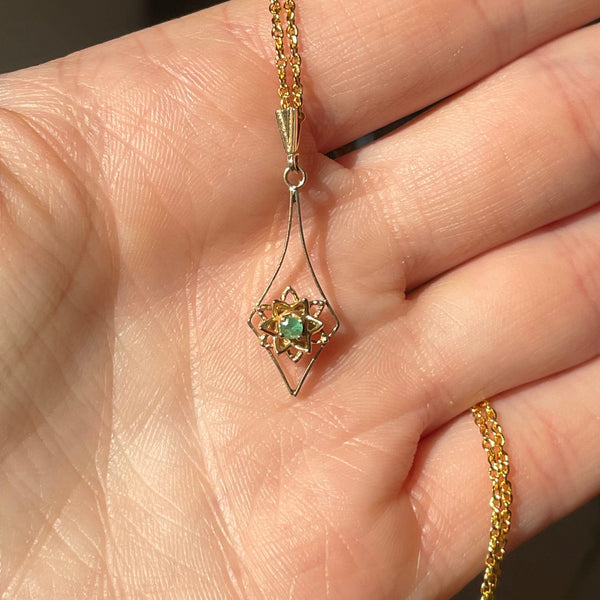 Antique Victorian 14K Gold Emerald Lavalier Pendant Necklace - Boylerpf