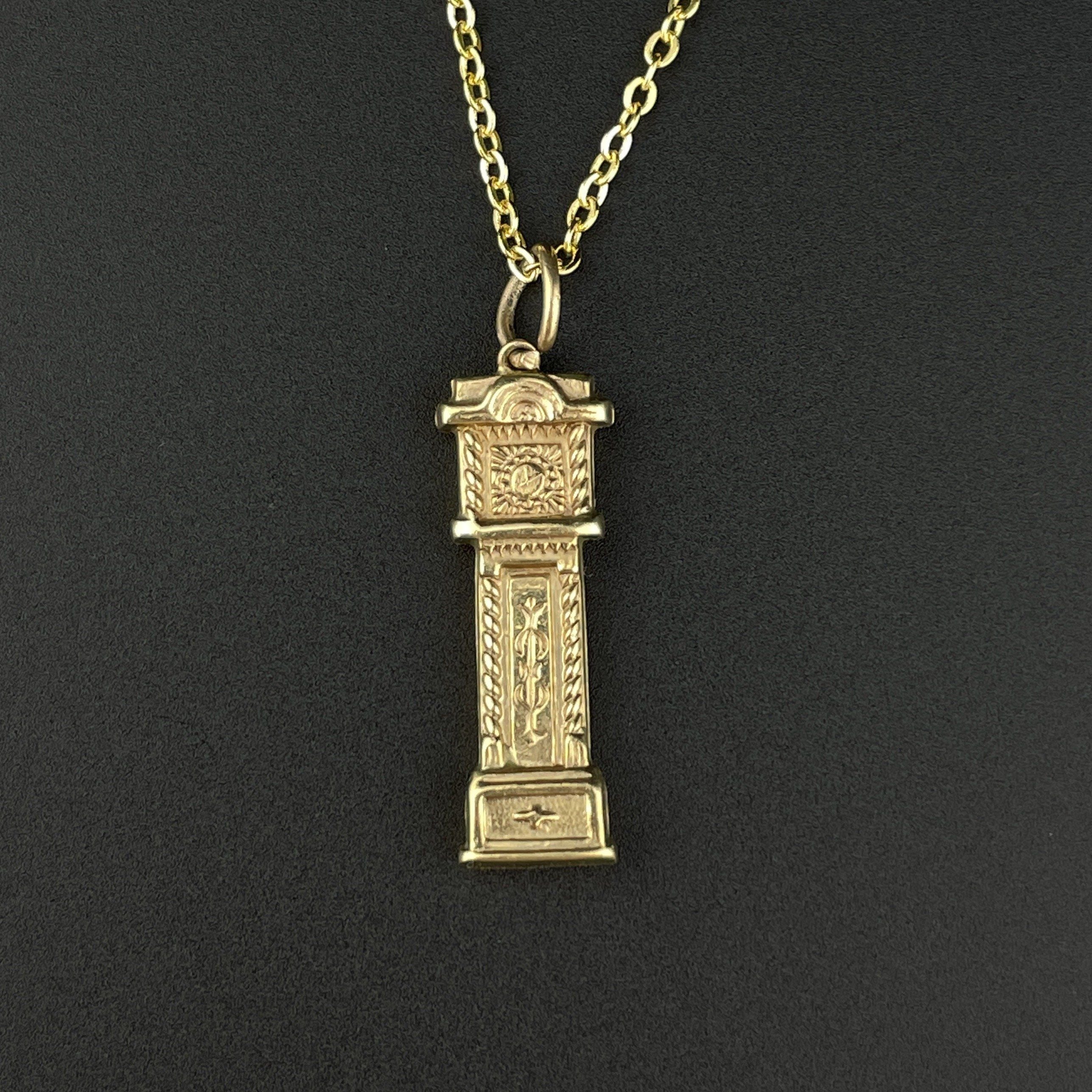 Vintage Gold Grandfather Clock Pendant Necklace Boylerpf