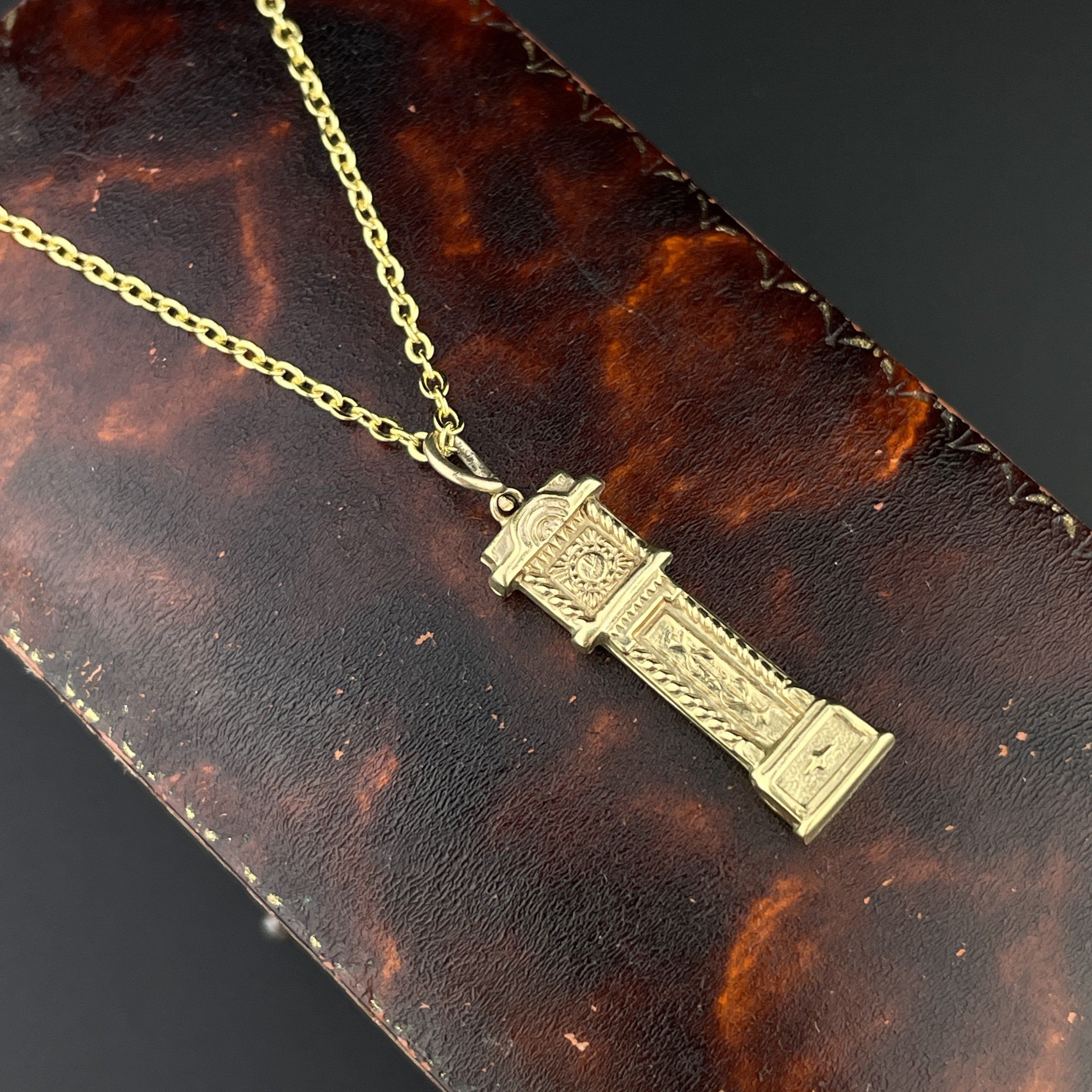 Vintage Gold Grandfather Clock Pendant Necklace Boylerpf