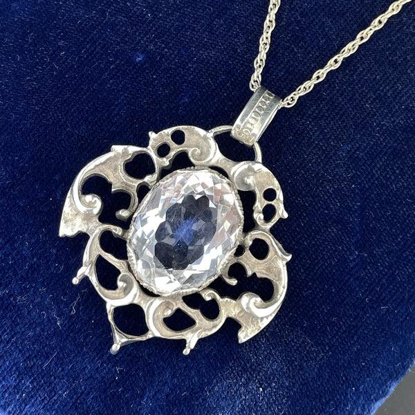 Vintage Arts and Crafts Style Silver Rock Crystal Pendant Necklace - Boylerpf