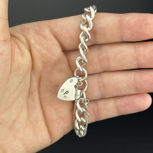 Antique Silver English Heart Padlock Curb Chain Bracelet - Boylerpf