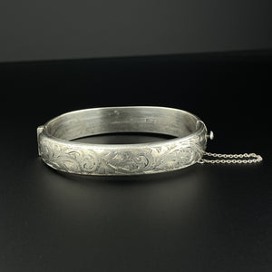 Vintage Engraved Scroll Leaf Silver Cuff Bangle Bracelet - Boylerpf