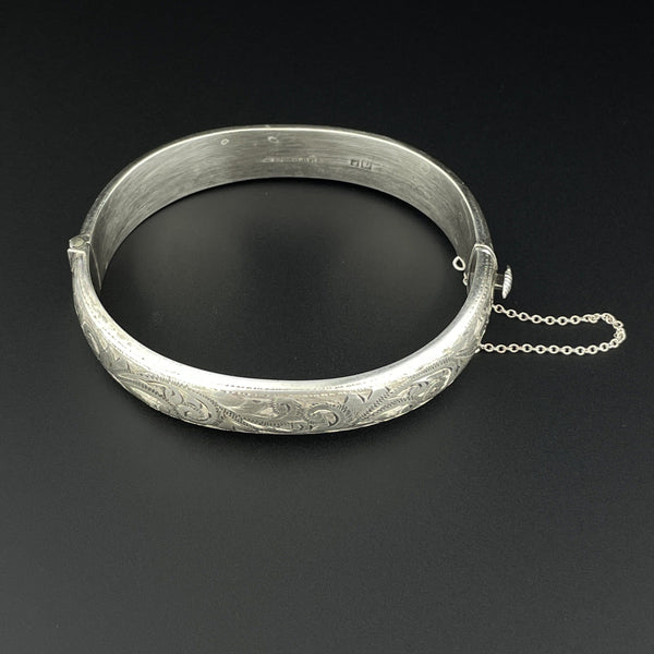 Vintage Engraved Scroll Leaf Silver Cuff Bangle Bracelet - Boylerpf