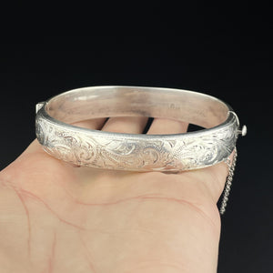 Vintage Engraved Scroll Leaf Silver Cuff Bangle Bracelet - Boylerpf