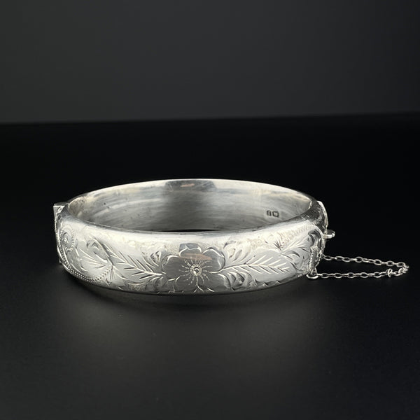 Vintage Silver Engraved Forget Me Not Bangle Cuff Bracelet - Boylerpf