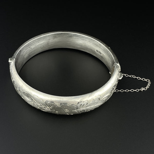 Vintage Silver Engraved Forget Me Not Bangle Cuff Bracelet - Boylerpf