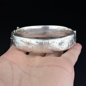 Vintage Silver Engraved Forget Me Not Bangle Cuff Bracelet - Boylerpf