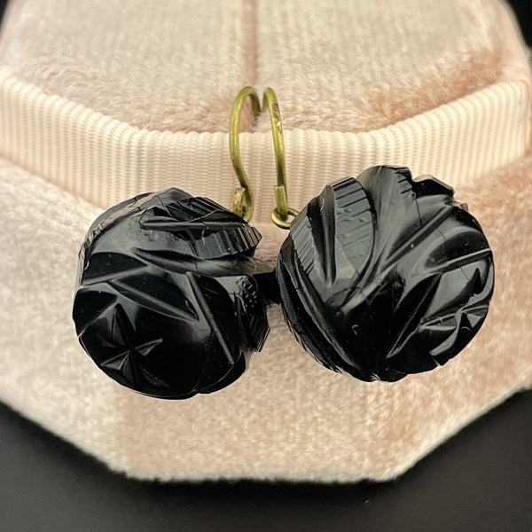 Antique Victorian Carved Whitby Jet Mourning Ball Mourning Earrings - Boylerpf