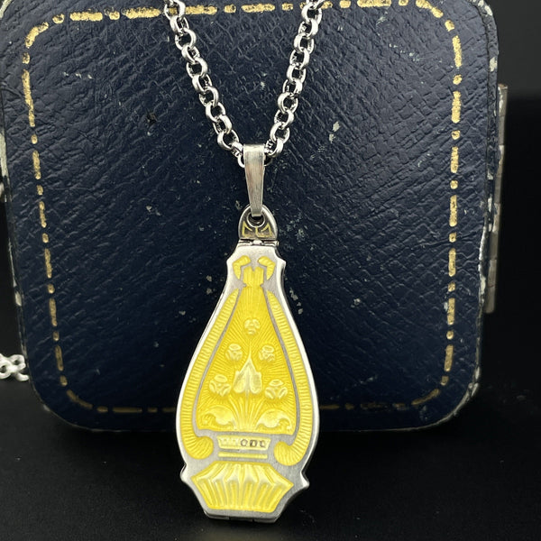 Silver Art Deco Yellow Guilloche Enamel Locket Pendant Necklace - Boylerpf