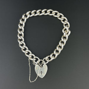 Antique Silver Heart Padlock Curb Chain Bracelet - Boylerpf