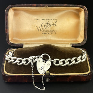 Antique Silver Heart Padlock Curb Chain Bracelet - Boylerpf