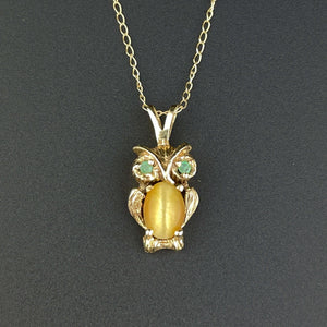 Vintage 14K Gold Emerald Golden Quartz Owl Pendant Necklace - Boylerpf