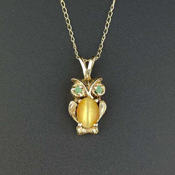 Vintage 14K Gold Emerald Golden Quartz Owl Pendant Necklace - Boylerpf